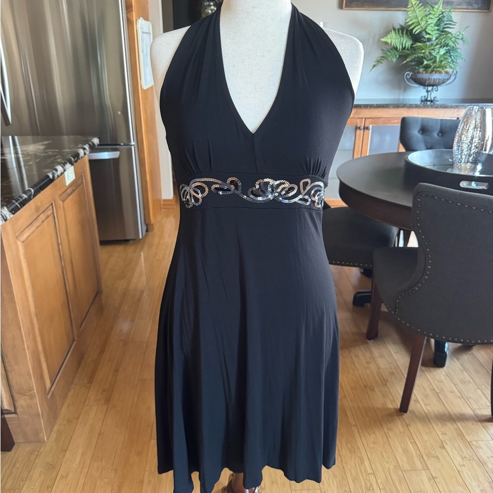 Elegant Black Halter Dress with Embellished Waist